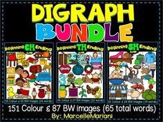 Educational digraph bundle with colorful clipart for CH, TH, and SH sounds, including 151 color and 87 black-and-white images.