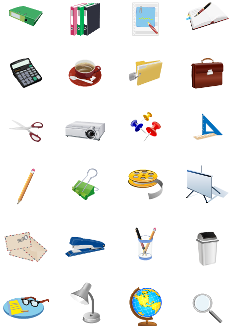 Collection of office supply icons including binders, calculator, coffee, projector, stapler, globe, and magnifying glass.