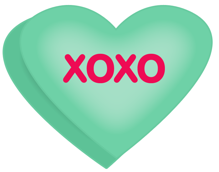 Green heart with bold pink "XOXO" text, symbolizing love and affection.