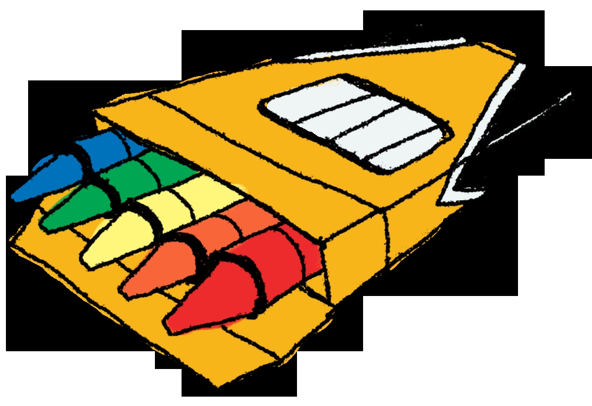 Open yellow crayon box with six colorful crayons (blue, green, yellow, orange, red) visible, hand-drawn style illustration.