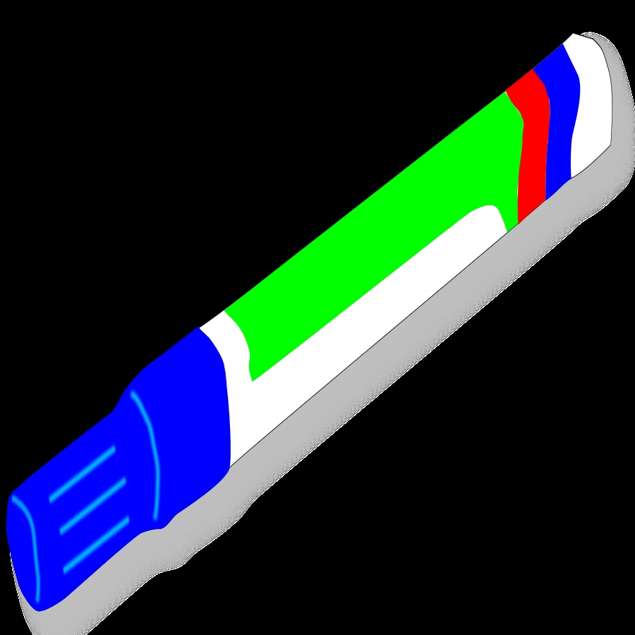Colorful highlighter pen with blue cap, green barrel, and red/blue accents on black background