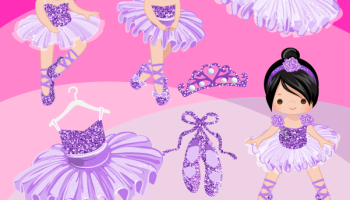A cheerful cartoon ballerina in a purple tutu surrounded by ballet accessories including pointe shoes, a tiara, and a dress on a hanger.