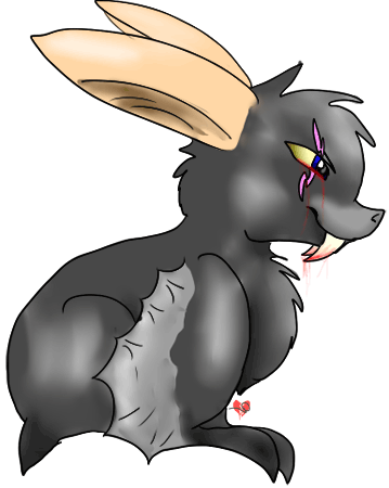 A dark gray anthropomorphic rabbit with large tan ears, glowing yellow eyes, fangs, and a small red heart charm on its chest.