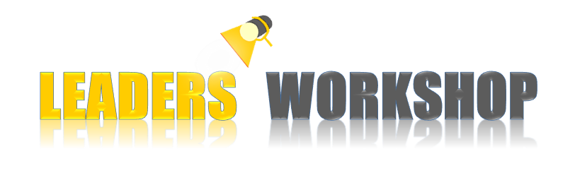 Leaders Workshop logo featuring bold yellow and gray text with a magnifying glass icon over a lightbulb.