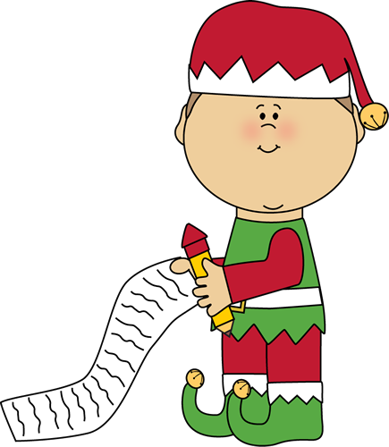 Cheerful cartoon elf in red and green outfit holding a long checklist with a pencil.
