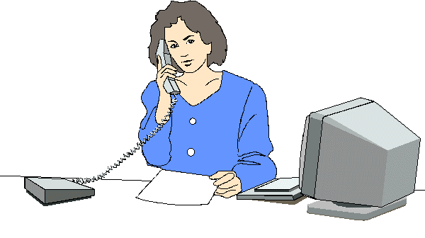 Woman in blue blouse talking on landline phone at desk with computer and papers.