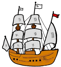 Colorful cartoon illustration of a three-masted sailing ship with white sails, orange hull, and multiple flags.