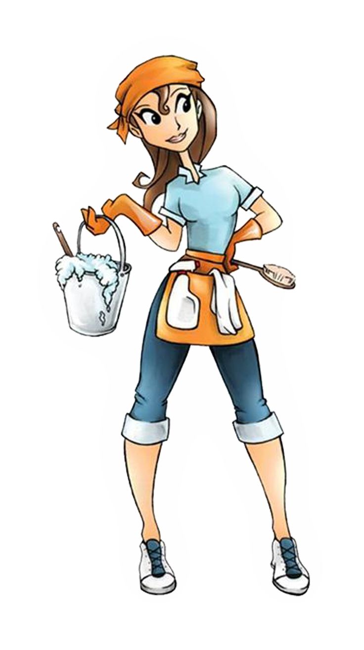 Cartoon woman in cleaning outfit holding soapy bucket and brush, wearing orange bandana and apron.