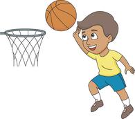 A smiling boy in a yellow shirt and blue shorts shooting a basketball toward a hoop.