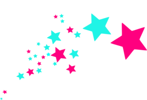 Colorful starburst graphic with white, pink, and cyan stars exploding from bottom-left to top-right on black background.