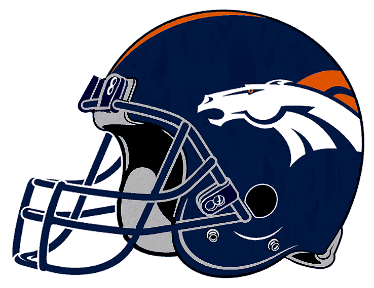 Denver Broncos football helmet with orange and white horse logo on navy blue background