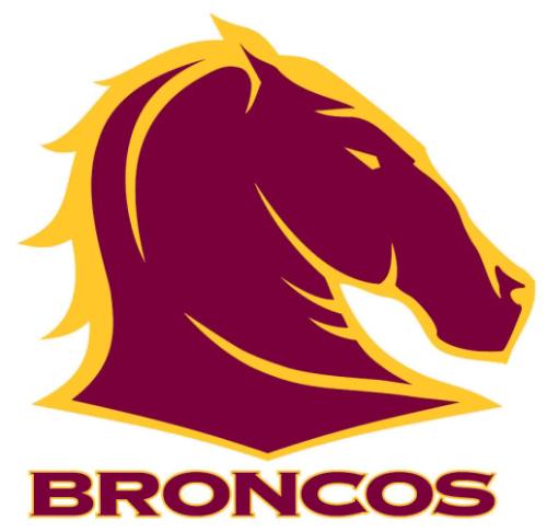 Brisbane Broncos logo featuring a maroon horse head with gold outline and "BRONCOS" text below.