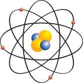 Simplified atomic model showing a nucleus with protons and neutrons, surrounded by orbiting electrons on elliptical paths.