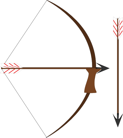 Brown recurve bow with arrow nocked and a second arrow beside it, both featuring red-and-white fletching.