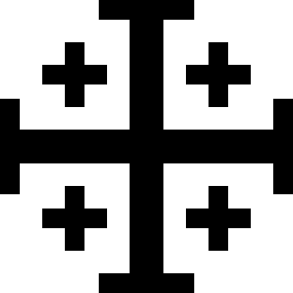 Jerusalem Cross symbol: a large Greek cross with four smaller crosses in each quadrant, black on white background.