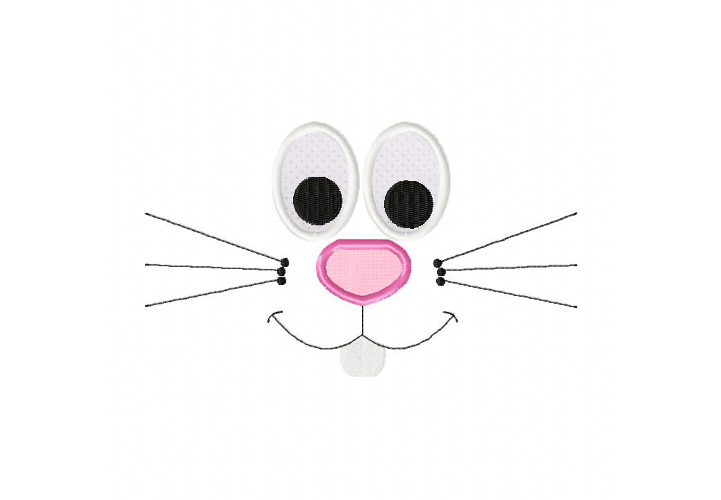 Embroidered bunny face with large white eyes, pink nose, whiskers, and stitched smile on white background.