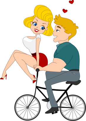 Cartoon couple riding a tandem bicycle with hearts above, expressing joyful romance.