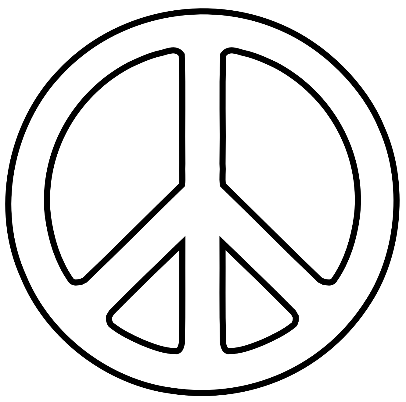 Black outline of the classic peace symbol on a white background, featuring a circle with three internal lines forming a stylized dove or trident.