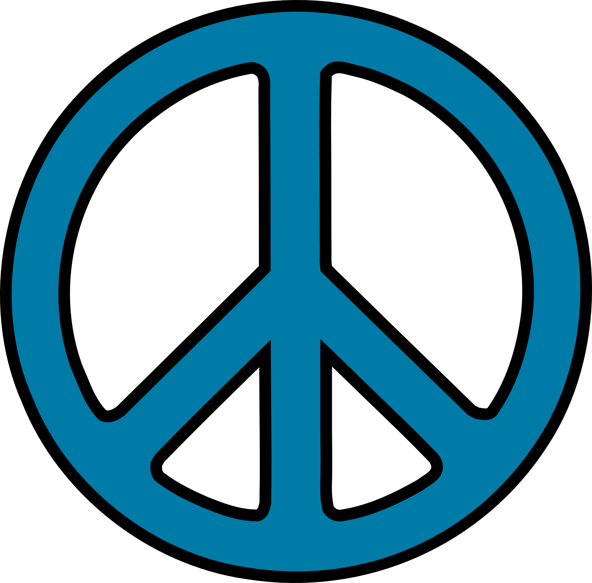 Blue peace symbol with black outline on white background, iconic nuclear disarmament emblem.