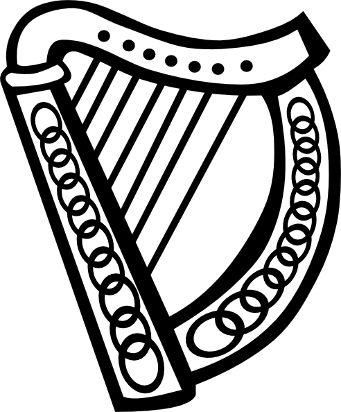 Black-and-white line drawing of a traditional Irish harp with ornate Celtic knotwork on its pillars and soundbox.
