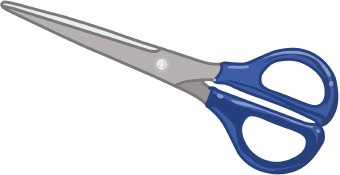 Blue-handled stainless steel scissors with sharp silver blades, isolated on white background.