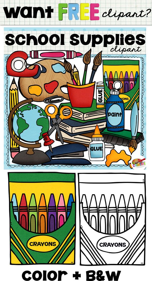 Colorful school supplies clipart including crayons, glue, scissors, globe, paint, and books; with black-and-white version included.