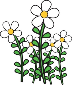 Simple line-art illustration of five white daisy-like flowers with yellow centers and green stems and leaves.