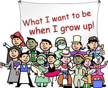 Diverse group of children holding a banner reading "What I want to be when I grow up!" showcasing various future career aspirations.