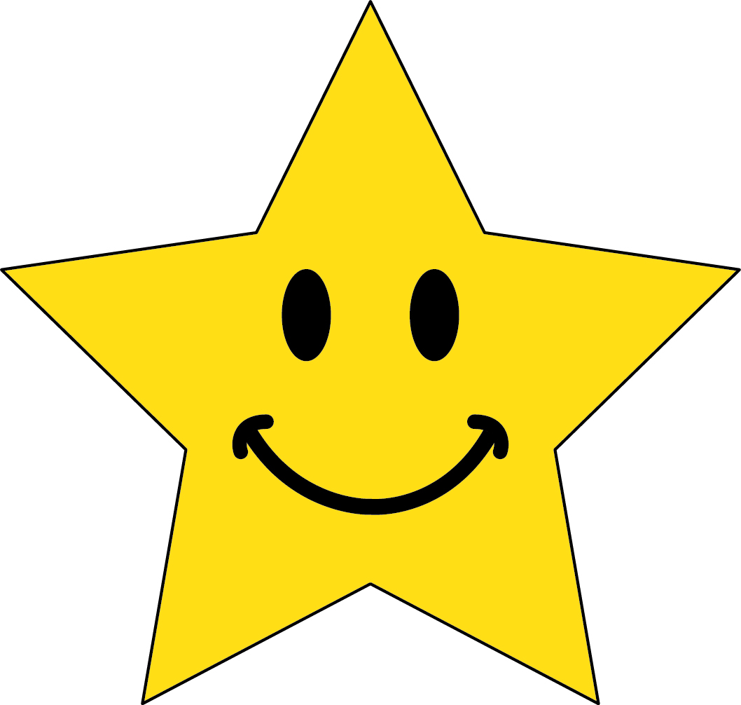 Yellow five-pointed star with a smiling face, black eyes and curved smile on white background.