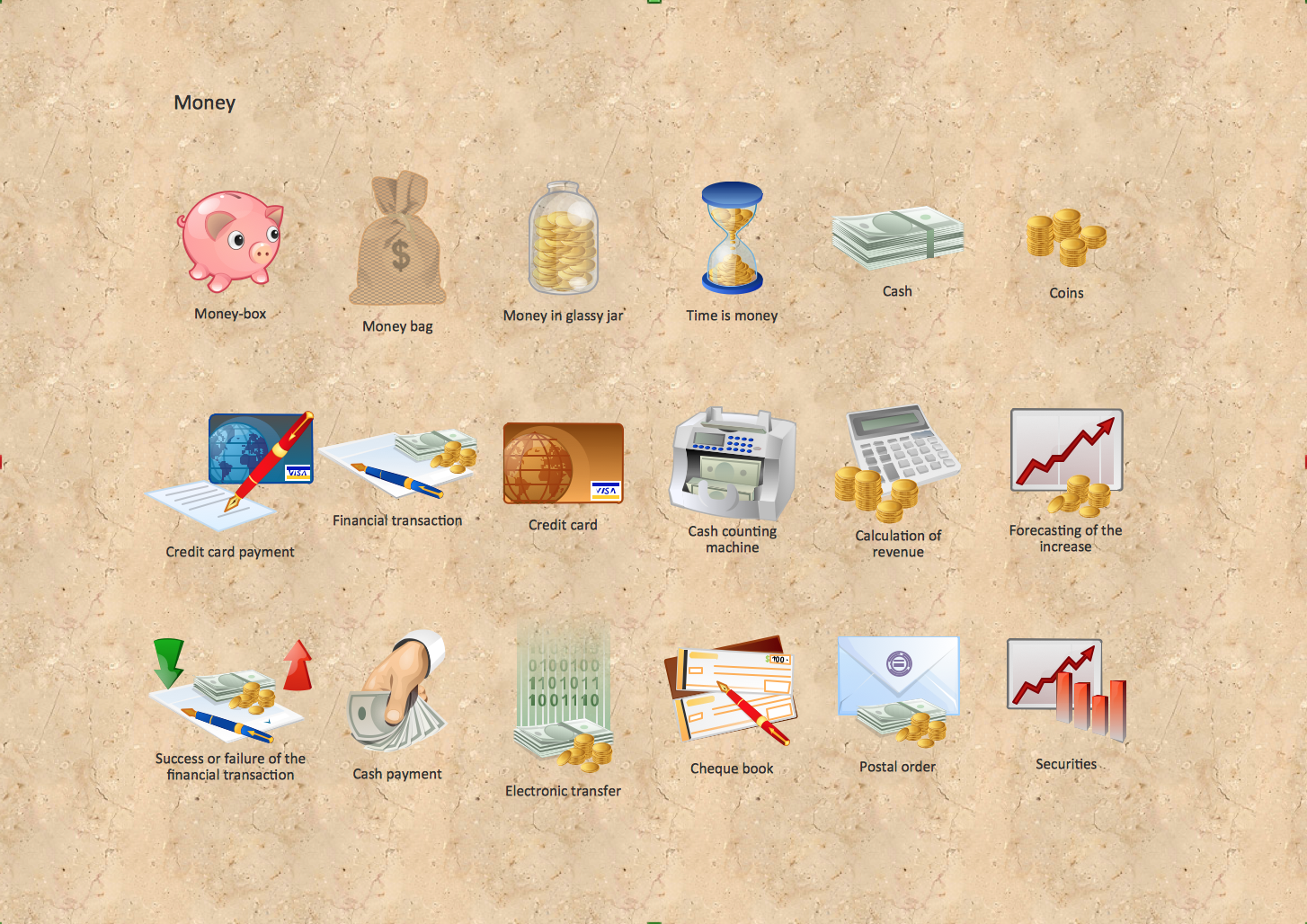 Collection of financial icons including piggy bank, credit card, cash, coins, calculator, and securities on textured background.