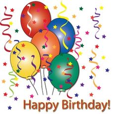 Colorful birthday balloons with stars, streamers, and "Happy Birthday!" text on a white background.