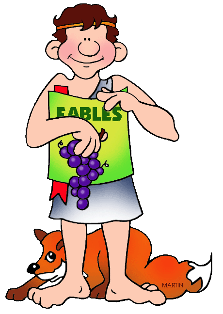 A smiling boy in a toga holds a "FABLES" book and grapes, with a fox lying at his feet.