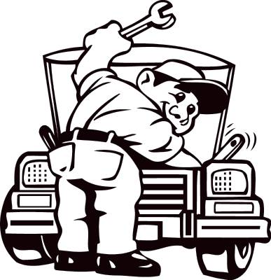 A smiling mechanic in overalls and cap leans into a truck’s engine bay, holding a wrench aloft.