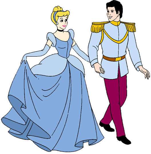 Cinderella in her iconic blue ball gown walking beside the Prince in formal attire.