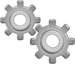 Two interlocking silver gears symbolizing system integration or mechanical coordination.