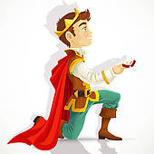 A young prince in a golden crown and red cape kneels while offering a small red object, possibly a ring or gem.