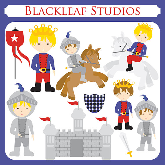 Cartoon medieval knights, kings, horses, castle, and shields in colorful clip art style.