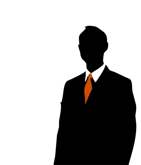 Silhouette of a man in a suit with a bright orange tie against a white background.