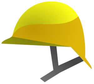 Yellow construction hard hat with chin strap, isolated on white background
