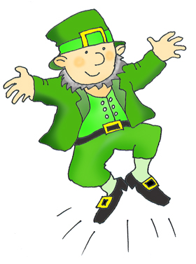 Cheerful leprechaun in green suit and hat, dancing with arms outstretched and joyful expression.