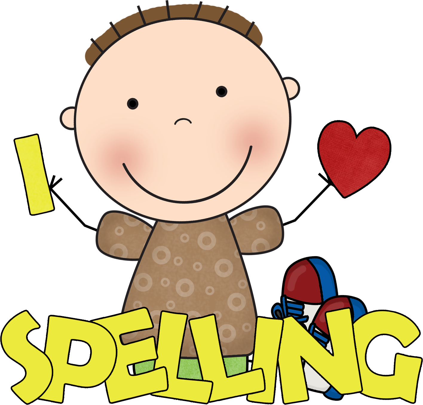 Smiling cartoon child with spiky hair, holding books and heart, standing behind bold yellow "SPELLING" text.