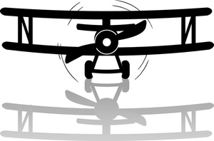 Black silhouette of a classic biplane with propeller and reflection on white background.