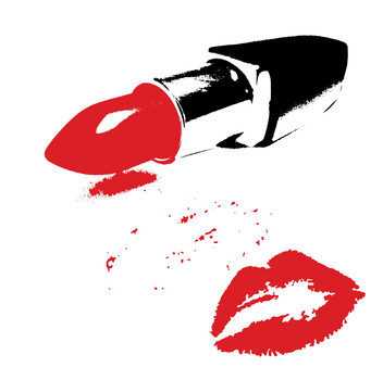 Bold red lipstick tube with smudged cap and vivid kiss mark on white background.