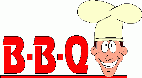 Cartoon chef smiling beside bold red "B-B-Q" text with yellow toque.