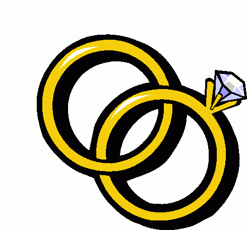 Two interlocked gold wedding rings, one with a diamond solitaire, symbolizing marriage and commitment.