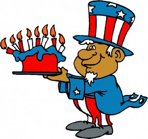 Uncle Sam holding a patriotic birthday cake with lit candles, smiling warmly.