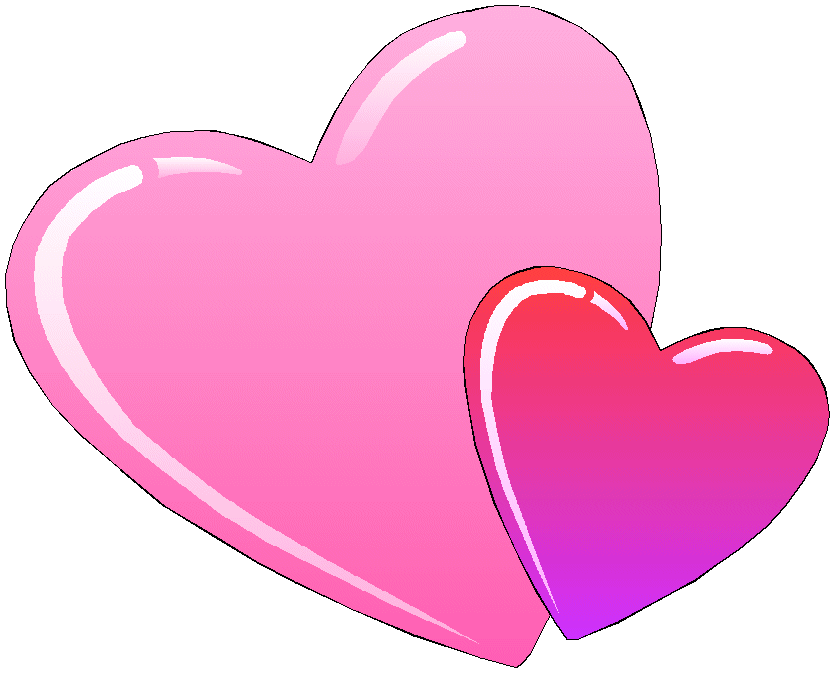 Two glossy hearts-one large pink, one smaller gradient red-to-purple-overlapping on white background.