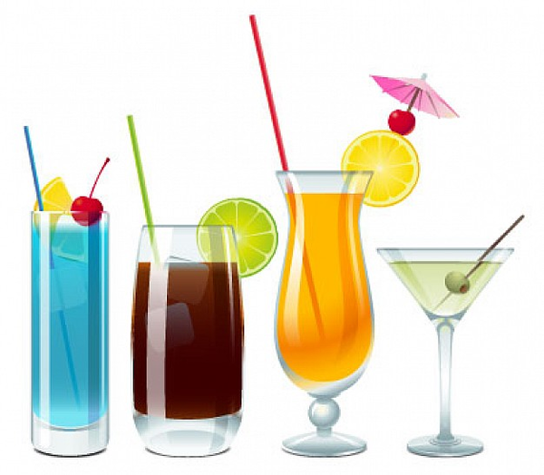 Four colorful cocktails-blue, dark brown, orange, and martini-garnished with fruit, umbrellas, and olives, served in distinct glassware.