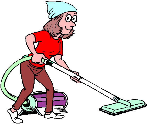 Cartoon woman in red shirt and blue beanie vacuuming with a purple canister vacuum cleaner.