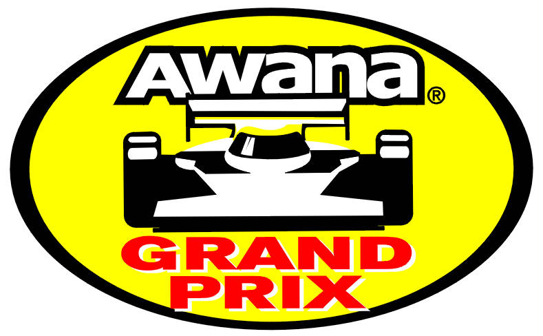 Awana Grand Prix logo featuring a stylized race car in black and white on a bright yellow oval background with bold red text.